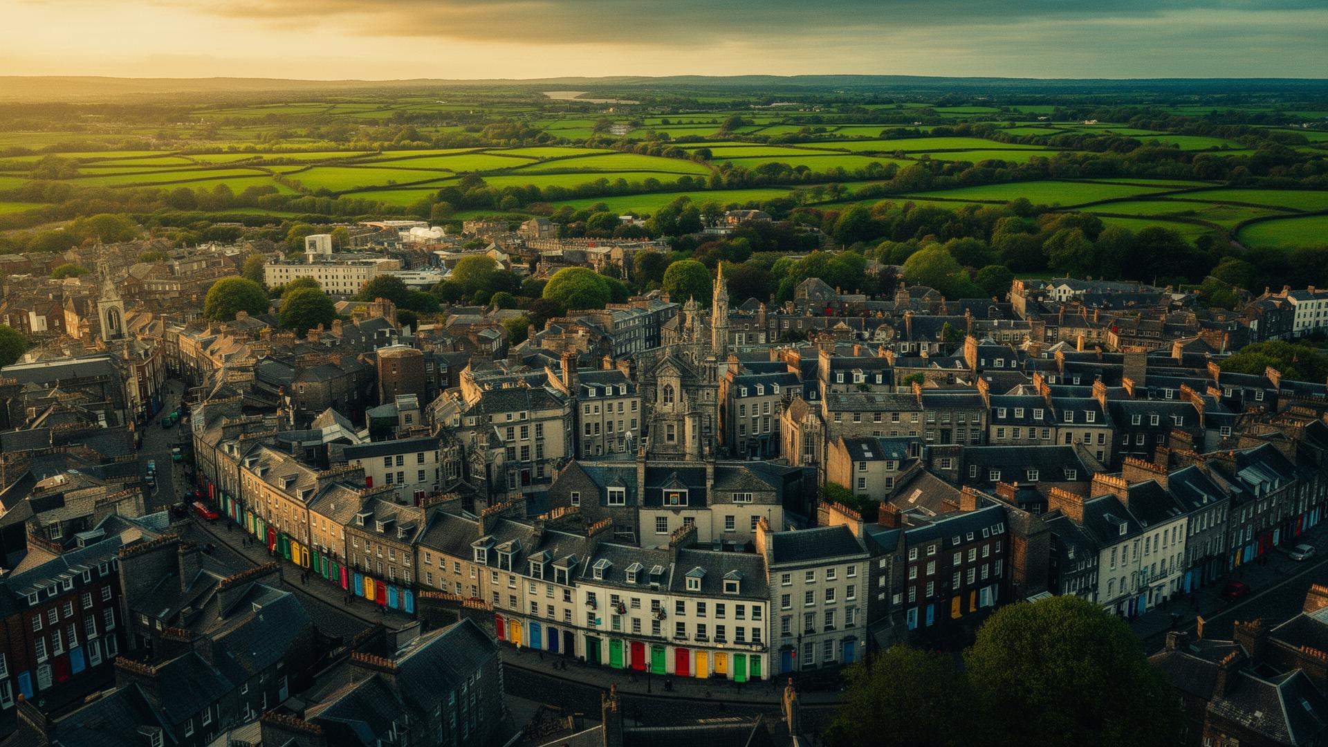 Vista aérea da Irlanda ao entardecer